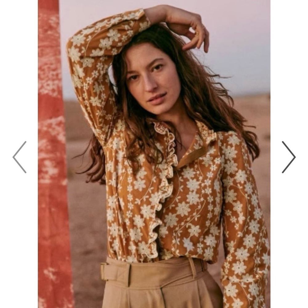 Sezane Mustard Floral Ruffle Blouse